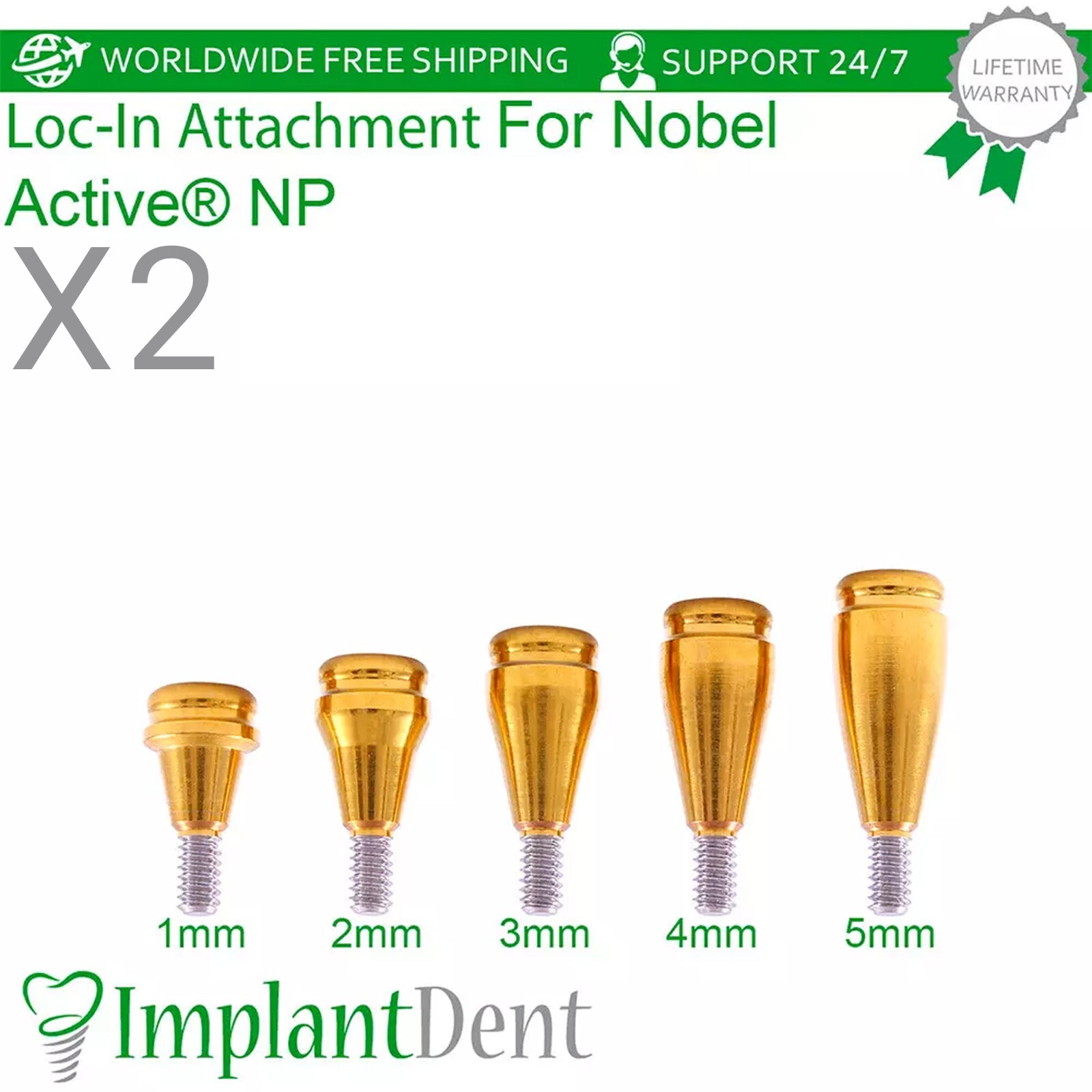2x Dental Straight Lokator Attachment Narrow Platform Conical Hex 2.25mm