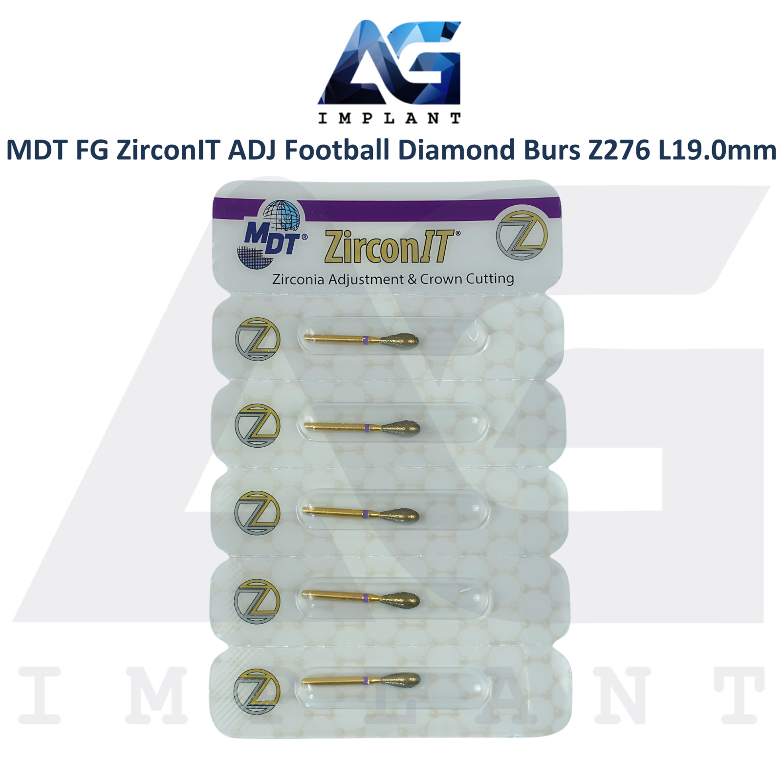 MDT Dental FG ZirconIT ADJ Football Diamond Bur Z276 L19.0mm Ø3.1mmX6.2mm