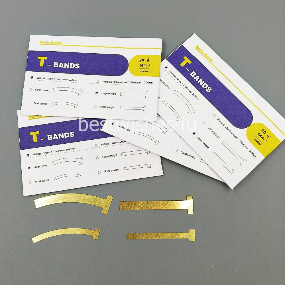 100/Bag Dental T- Band Brass Straight Large Small Curved Matrix Bands 0.05mm