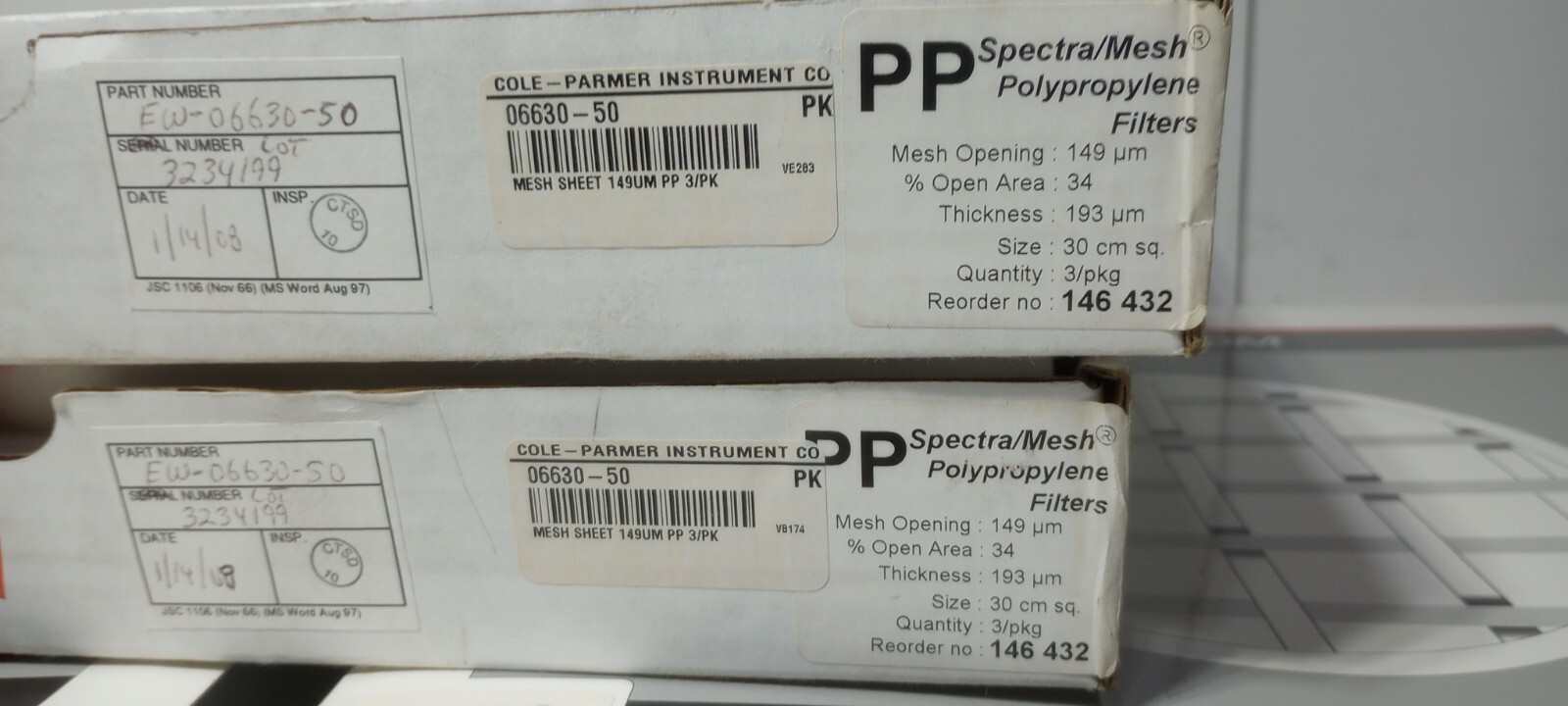 SPECTRUM LABS Spectra/Mesh 146 432 Polypropylene Filters 149um 30cm Sq 4 Filters