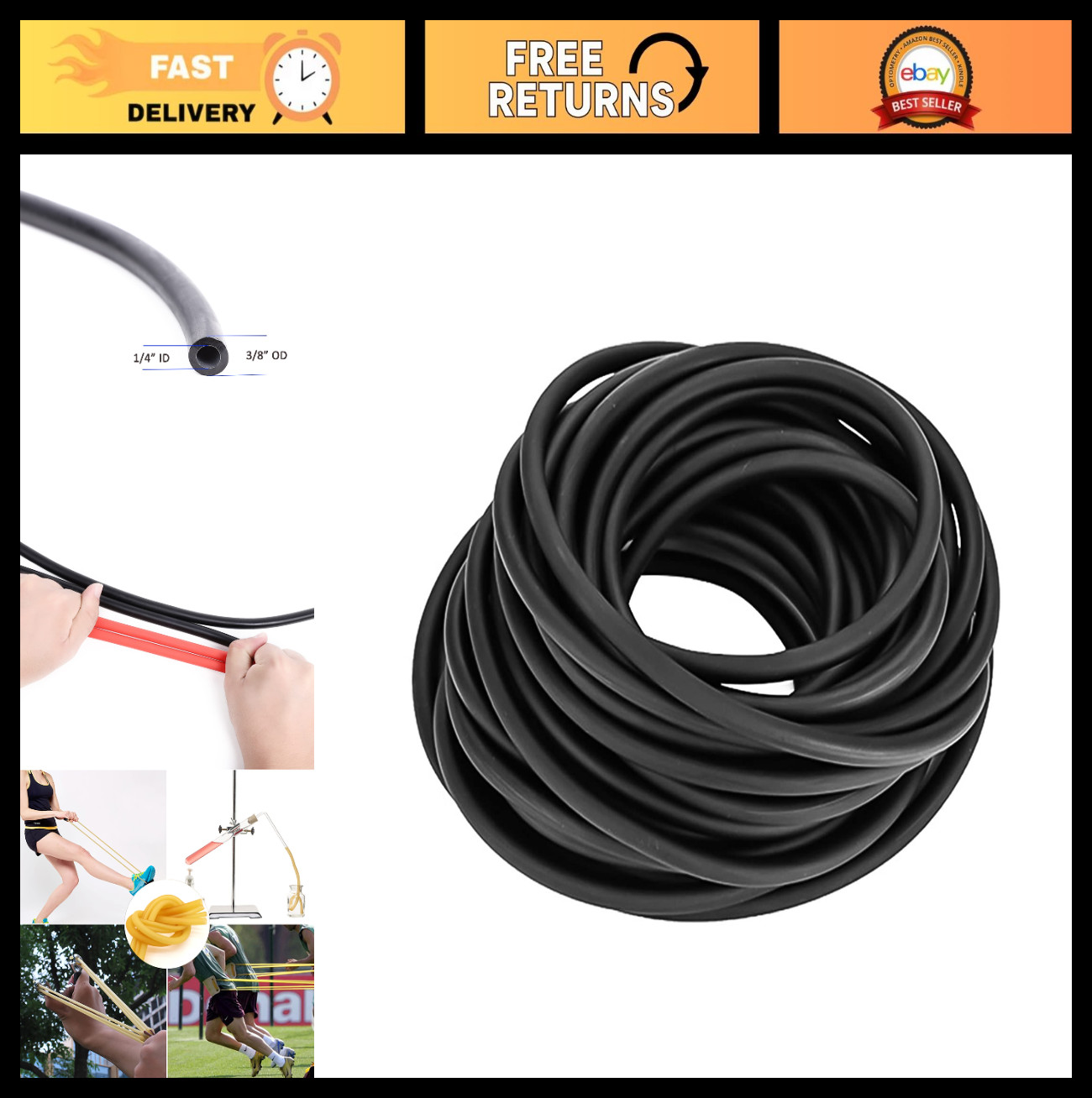 50FT Black Latex Rubber Tubing 3/8in OD 1/4in ID for Slingshots & Labs – Durable