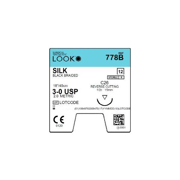 Look 778B Silk Black Braided Reverse Cutting Sutures C26 3/0 18″ 12/Bx