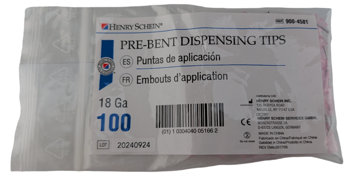 Henry Schein 900-4581 18 Ga Pre-Bent Dispensing Tips 100 Ct Pink