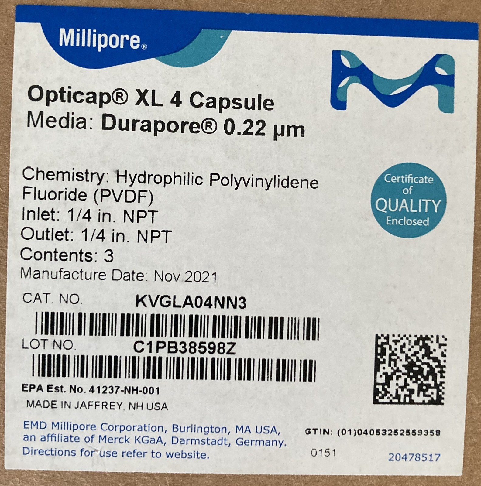 Millipore Opticap XL4 Durapore® 0.22 µm (3 Capsules) CAT# KVGLA04NN3