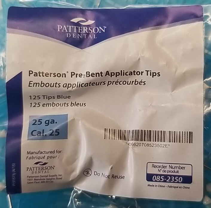 250 Tips Patterson Pre Bent Applicator Tip 25 GA 085-2350 Blue Syringe Tips