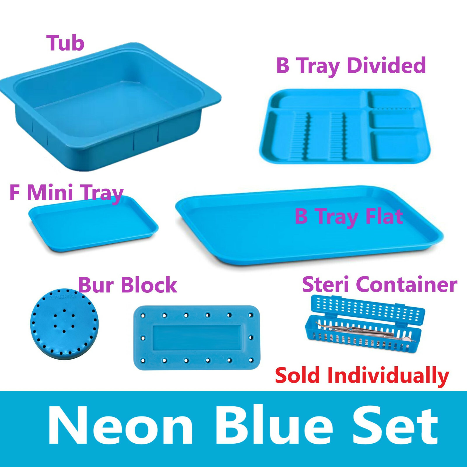 Dental Procedure Set-Up B Tray – Color Code, Neon Blue F Mini Tray Tub Bur Block