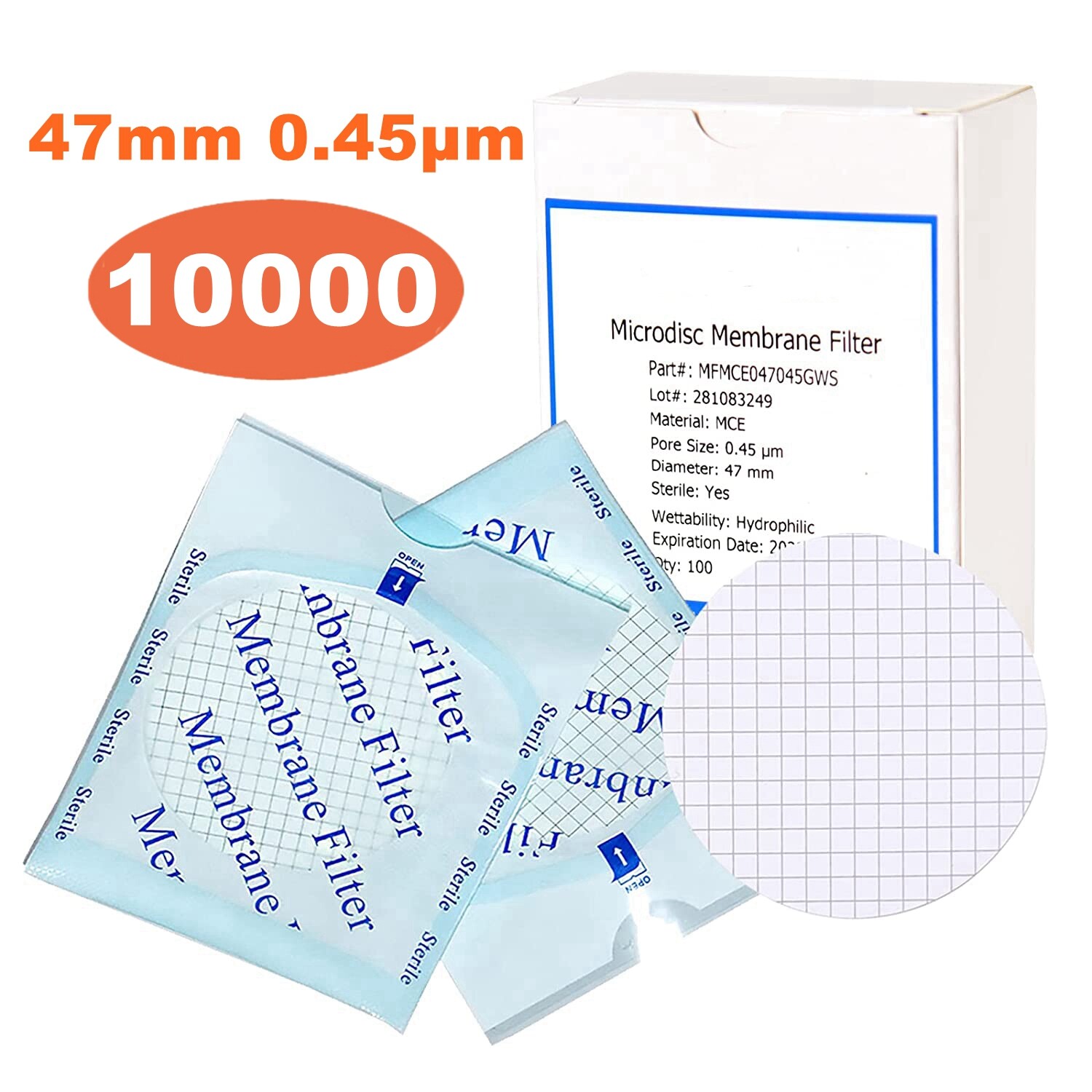 10000pcs MCE Gridded Membrane Filter 47mm 0.45um Mixed Cellulose Ester Sterile