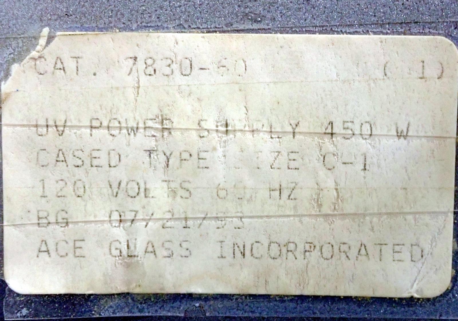 ACE GLASS 7830-60 Photochemical Mercury Arc Lamp Power Supply