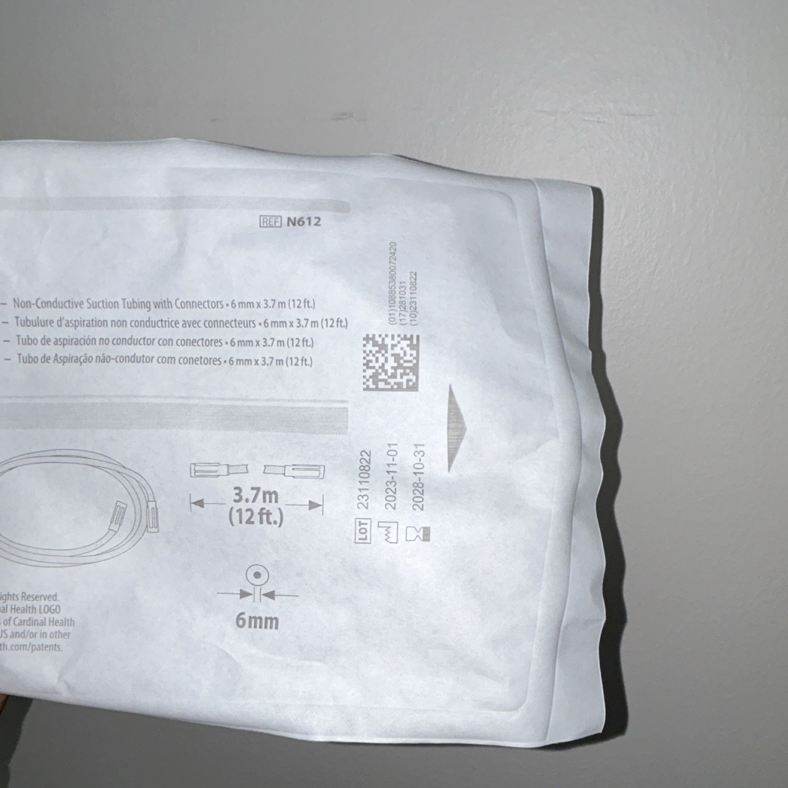 Cardinal Health MEDI-VAC Non-Conductive Suction Tubing 6mm x 3.7m N612