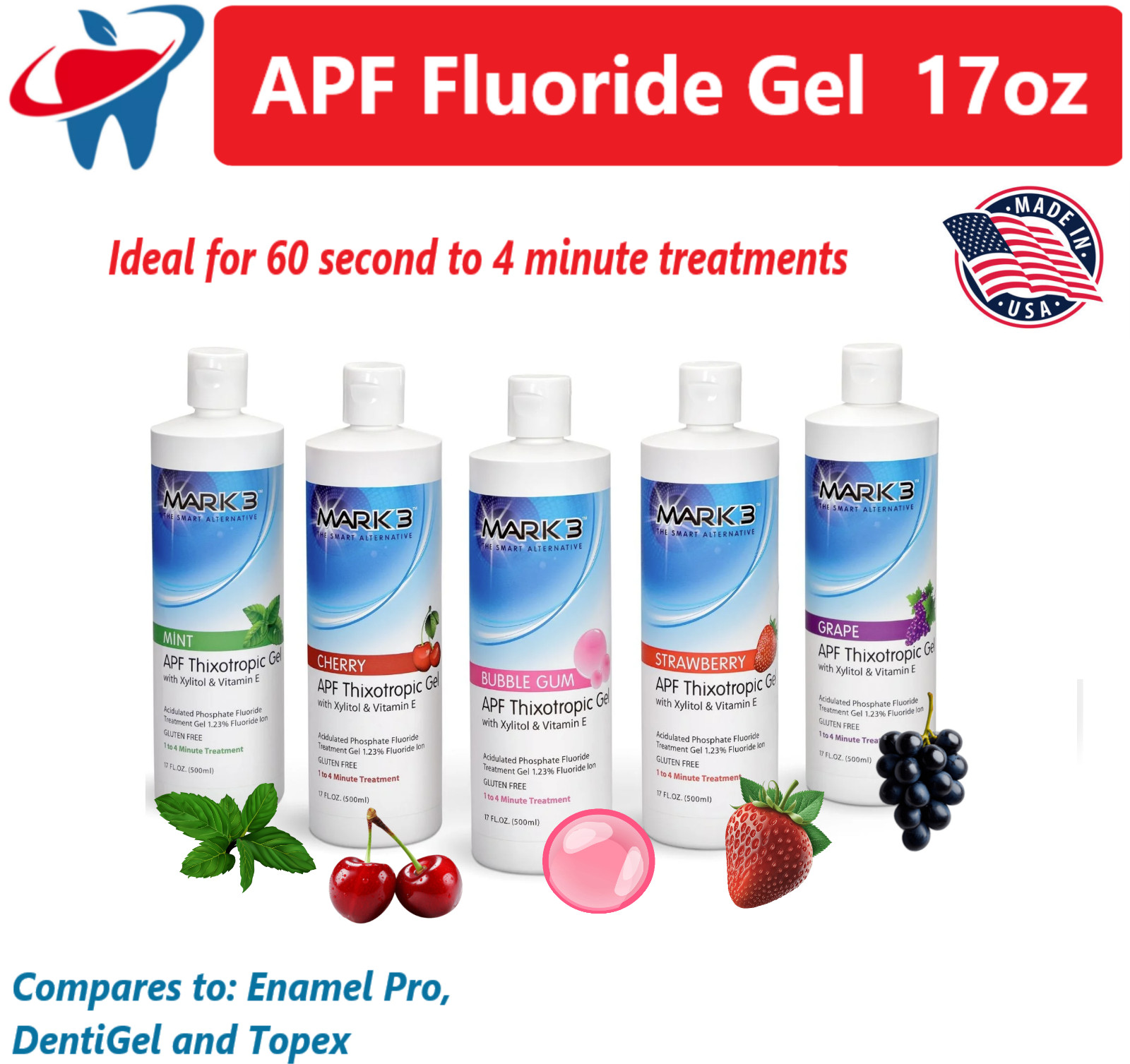2 x Bottles Dental Fluoride Gel 60 Second 17 Oz 1.23% APF, 6 Flavors, Made USA