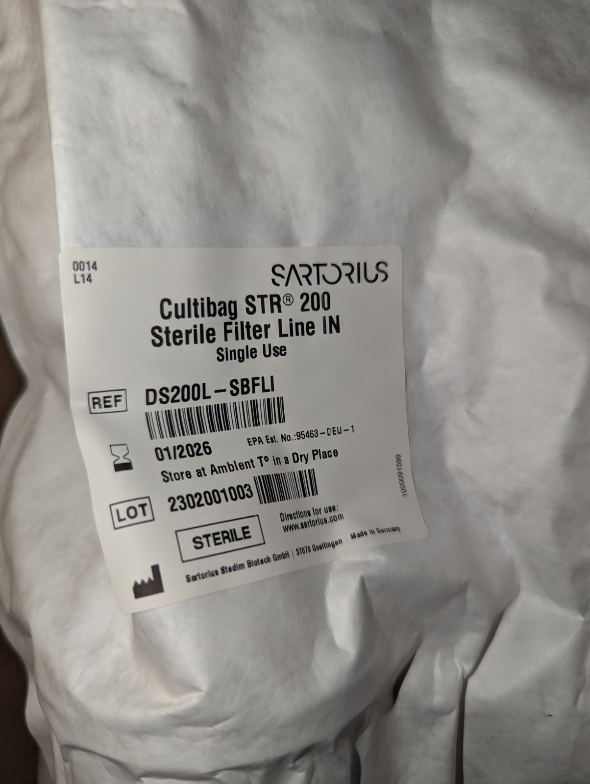 SARTORIUS Biostat CultiBag STR 200 Sterile Filter Line IN DS200L-SBFLI 2026