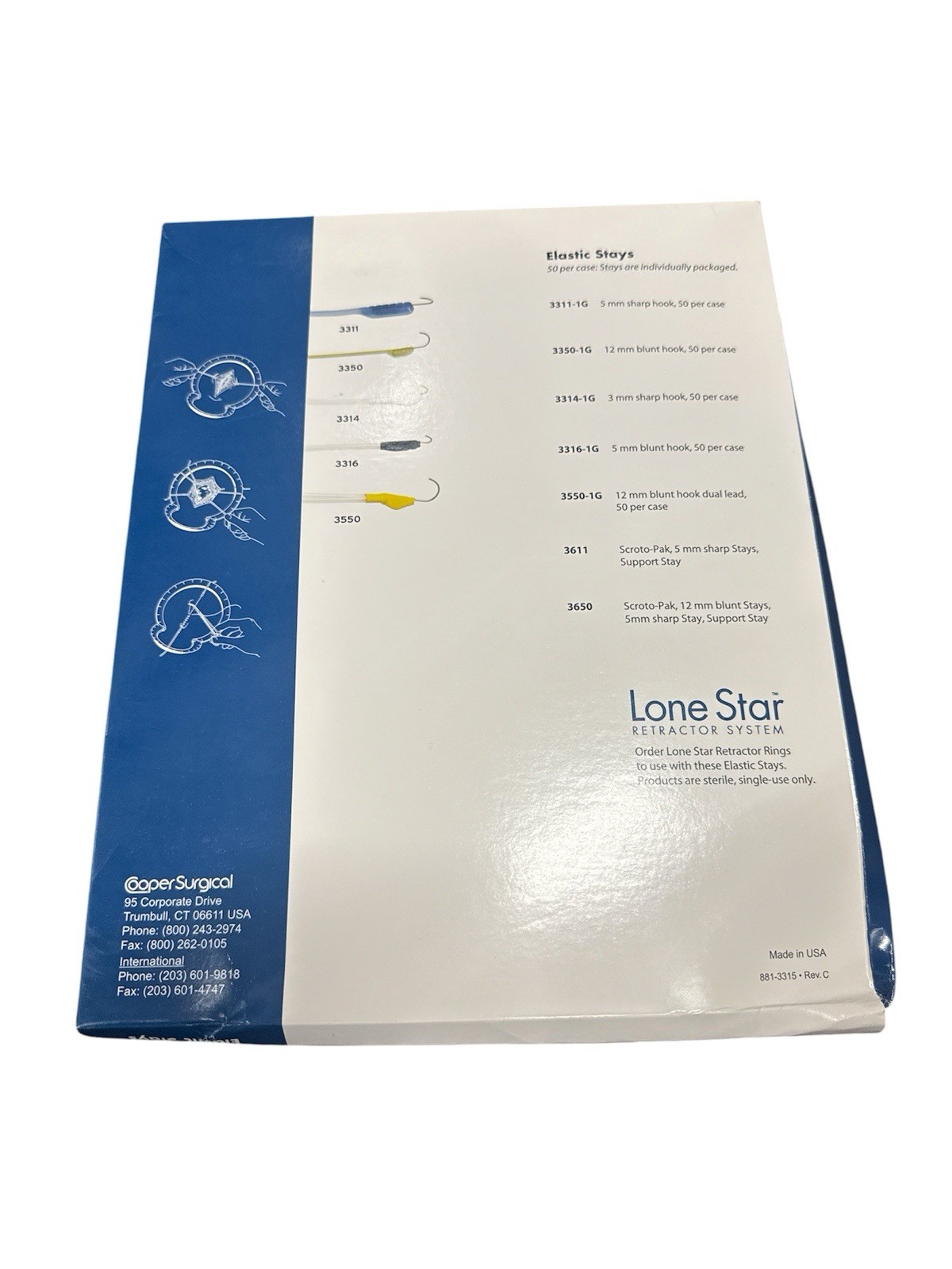 *50-Pieces* CooperSurgical Lone Star Elastic Stays 12mm Blunt Hook 3350-1G