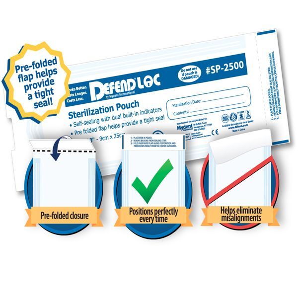 Defend LOC Pre-folded sterilization pouch, 3.5″ x 10″, 200/box. Pre-fold design