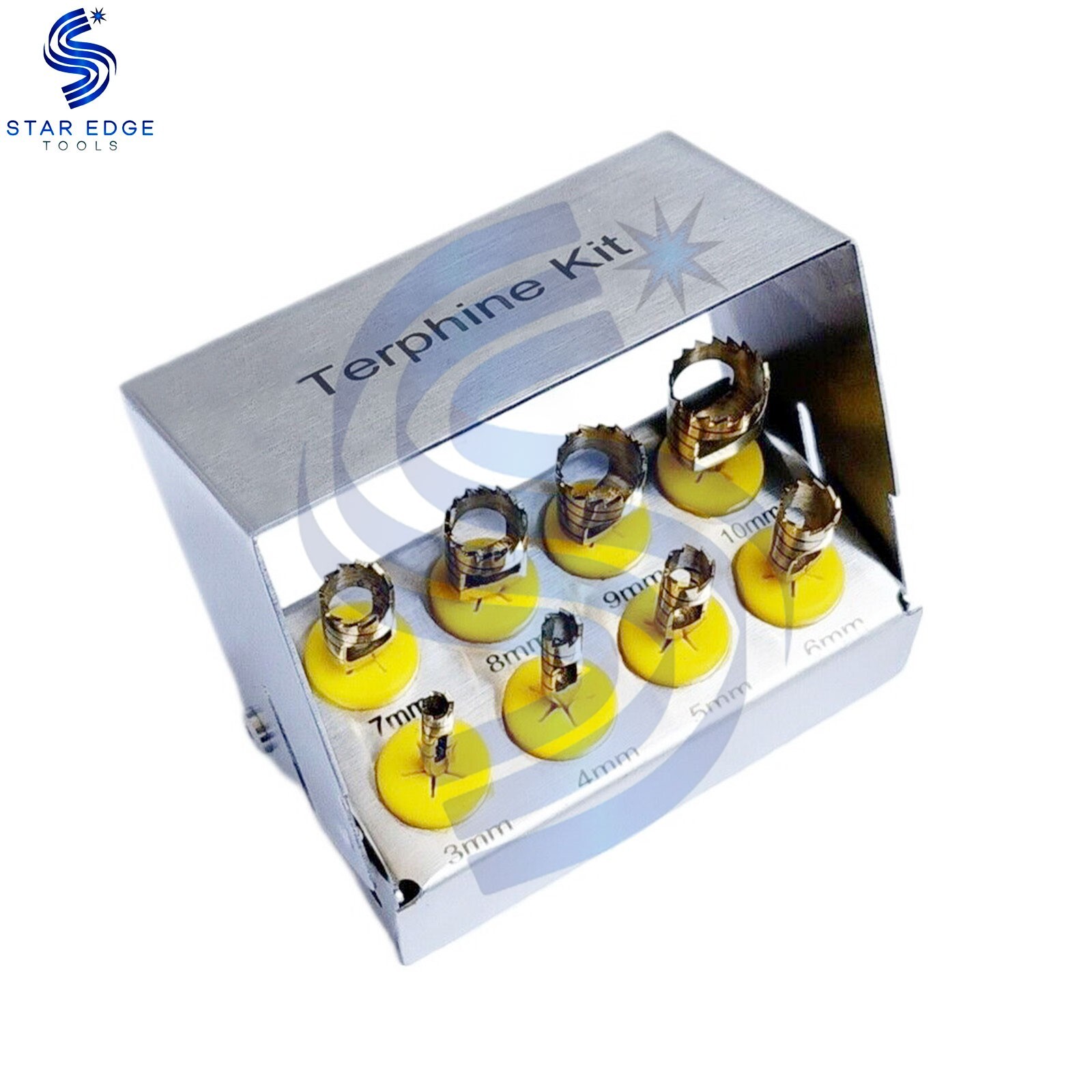 Dental Trephine 8 Pcs Drills Kit Gold Coated Surgical Surgery with Bur Holder
