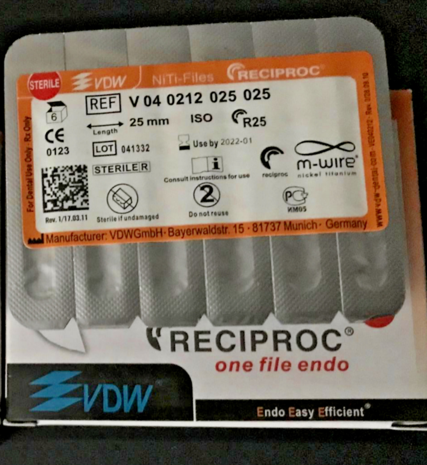 VDW RECIPROC Sterille File Endo M-WIRE 21mm R40 6pcs/Pack NiTi-Files