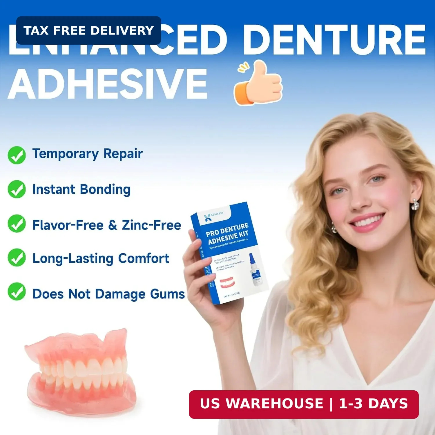 Pro Denture Adhesive Kit, 1oz Pro Instant Bonding Denture Glue, Enhanced Denture