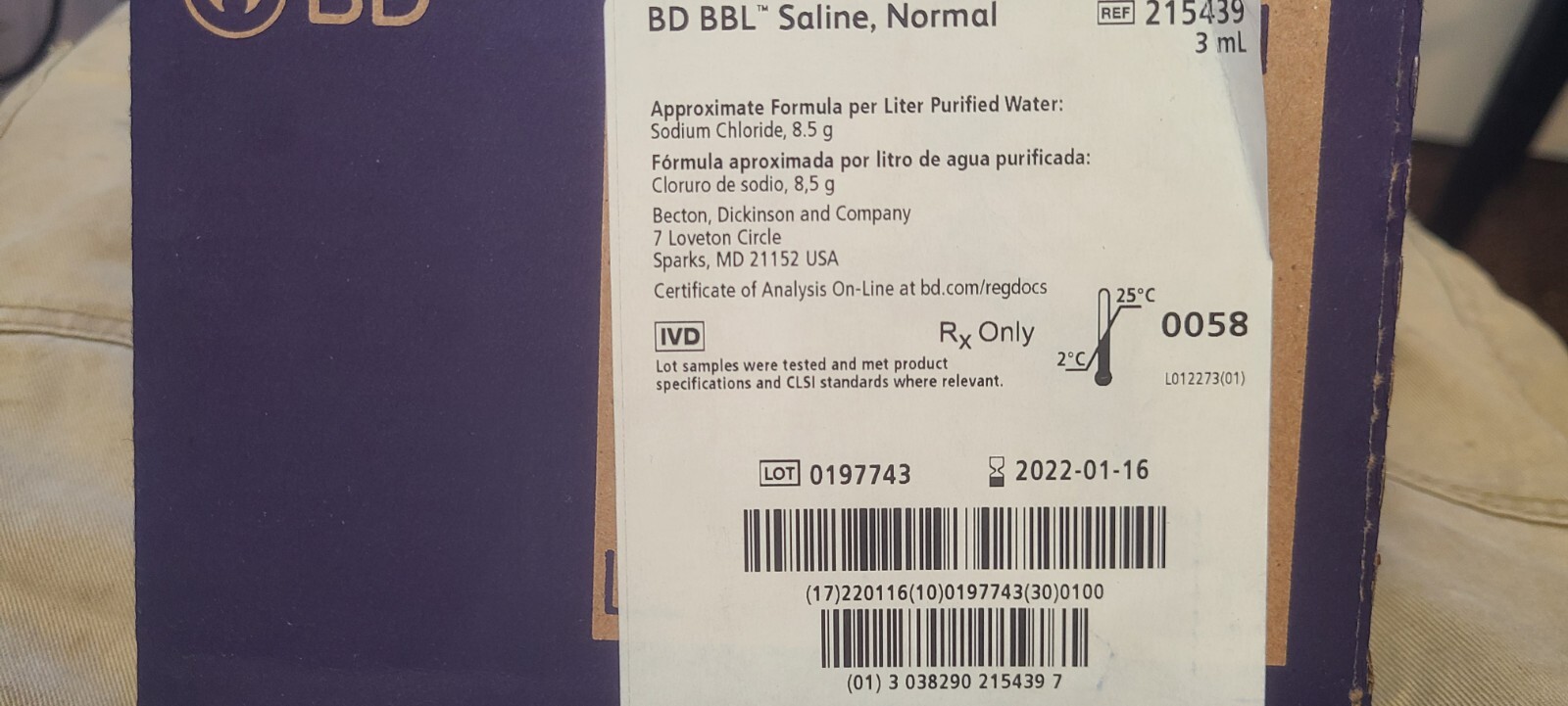 BD SPECIMEN COLLECTION & TRANSPORT SYSTEM – 215439 BD BBL SALINE case of 100 3ml