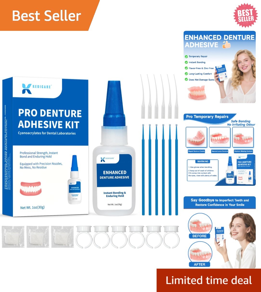 Pro Denture Adhesive Kit, 1oz Pro Instant Bonding Denture Glue, Enhanced Denture