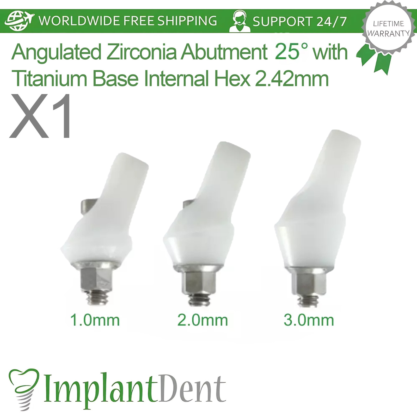 1x Angulated Zirconia Dental Prosthetic 25° Titanium Base Int Hex 2.42mm