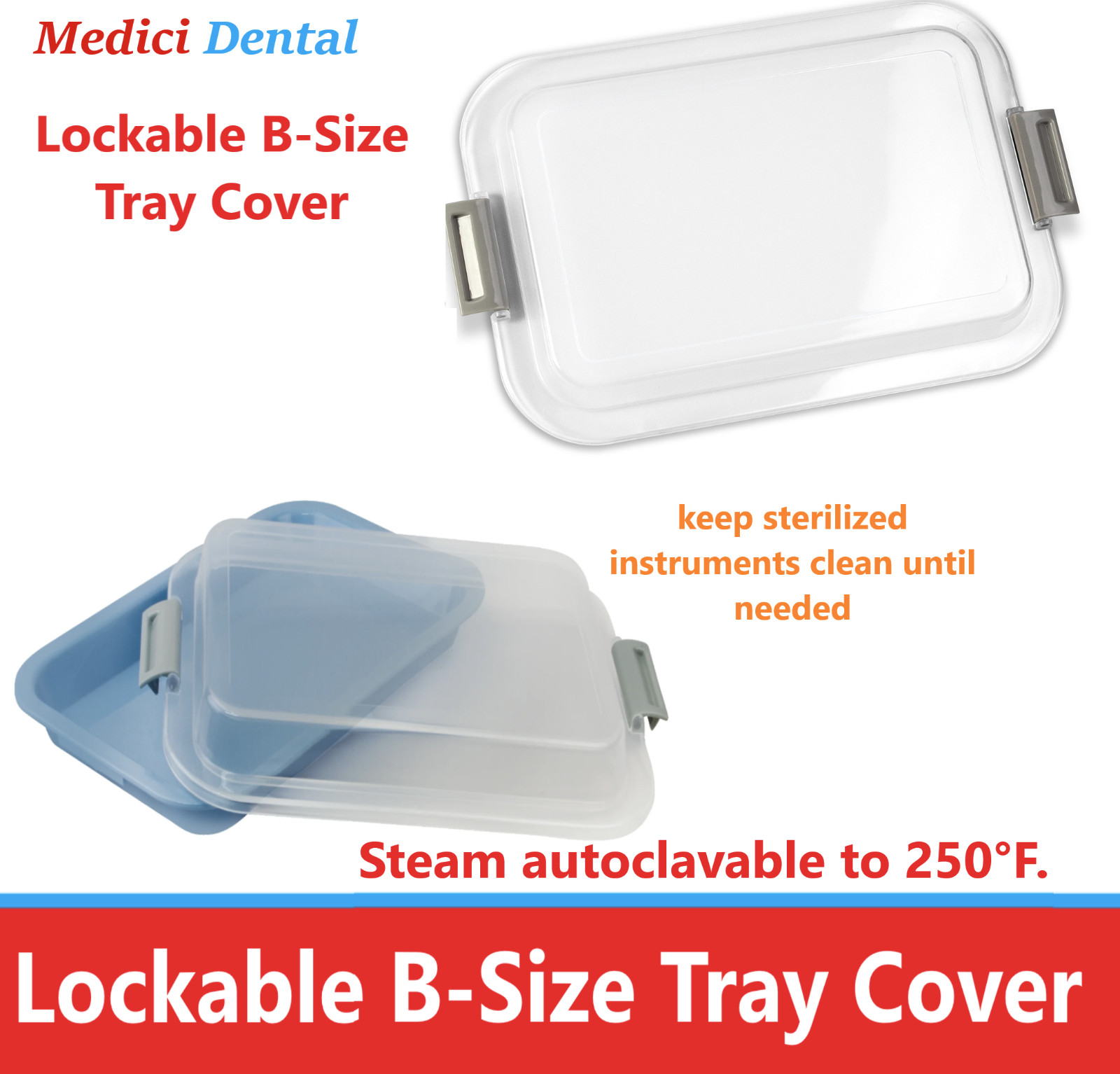 Dental Lockable B-Size Tray Cover Lid Clear, Autoclave 275F, with Locks, 5/Pack