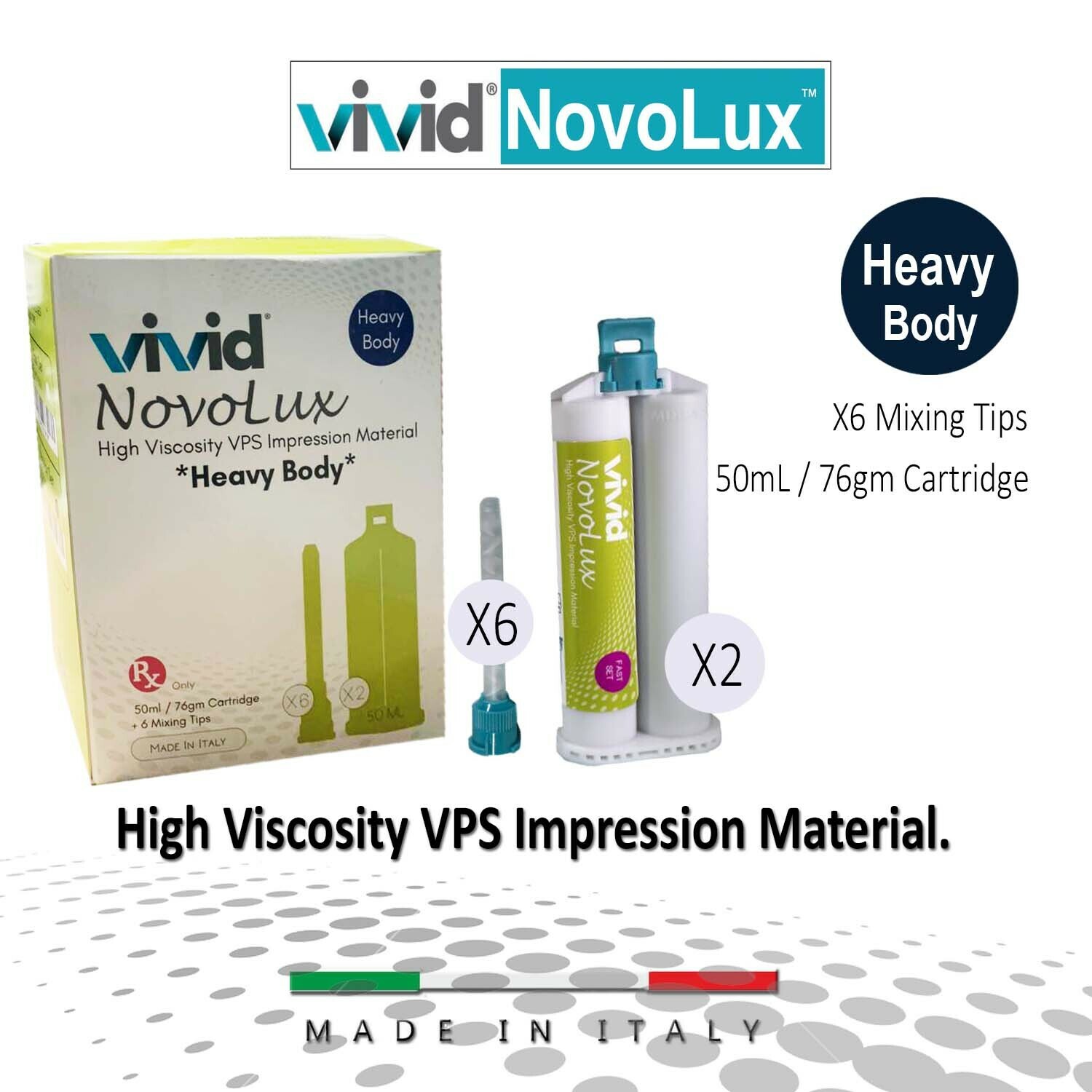 Dental Impression Material, HEAVY BODY R/S, 2x50ml, 6 Tip, Fast Set. Made Italy