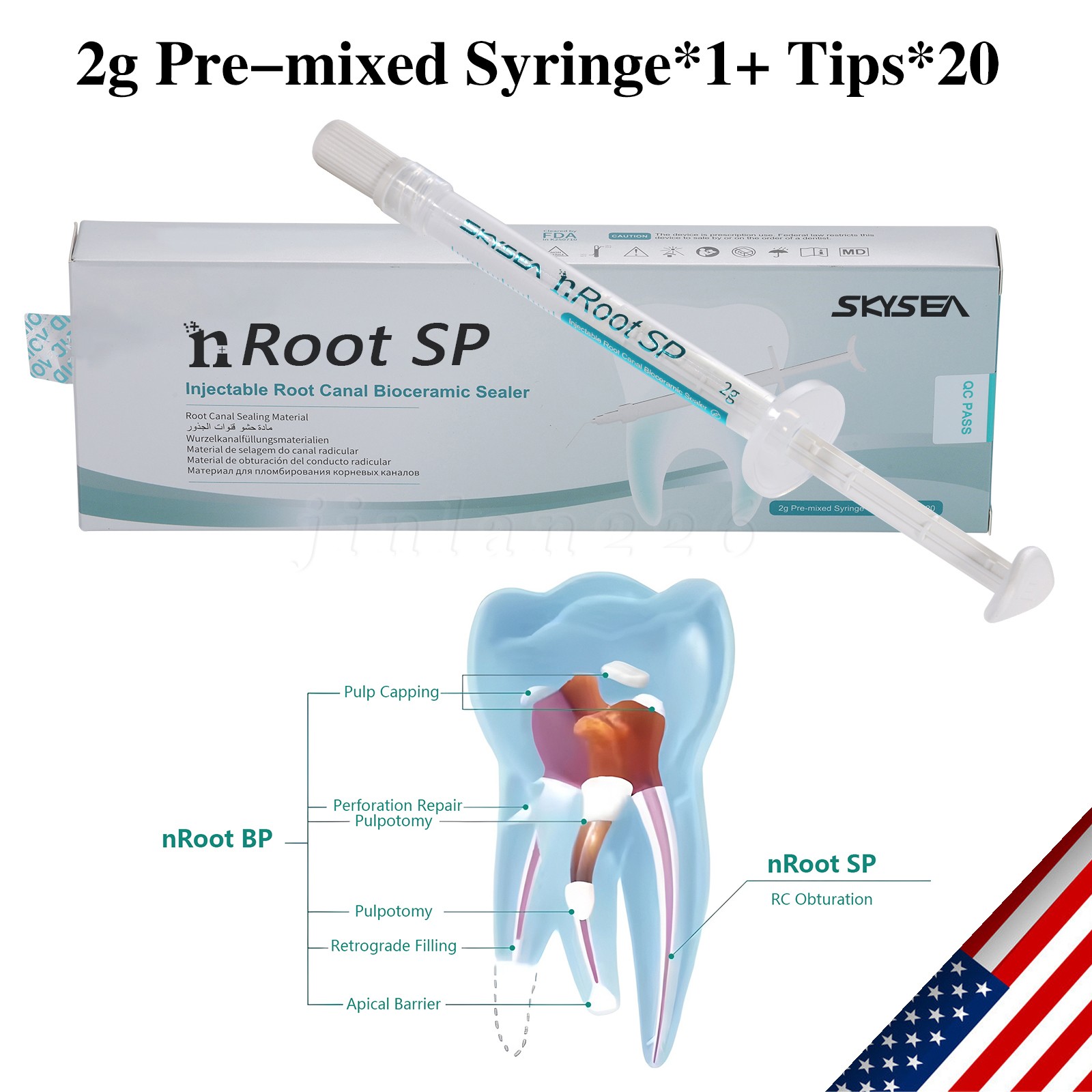 2 x Dental nRoot SP Injectable Root Canal Bioceramic Sealer 2g Syringe + 20 Tips