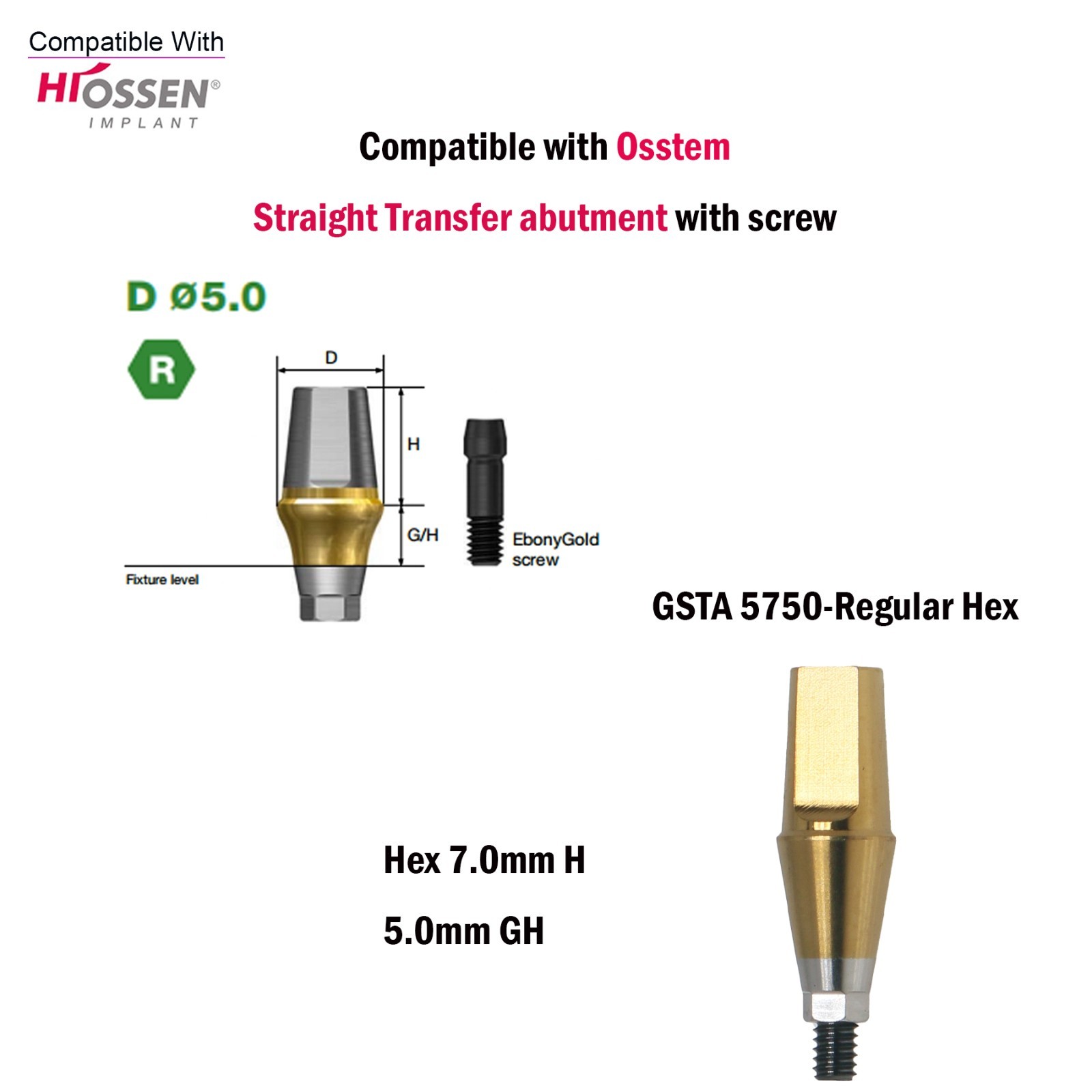 US Regular Straight Transfer Abutment Ø5.0 For Osstem Hiossen Hex 7.0mm Implants