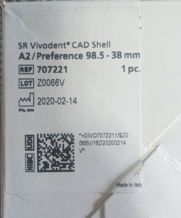 Lot of 7 ivoclar SR Vivodent CAD shell A2 Preference Upper & Lower 707183 707221