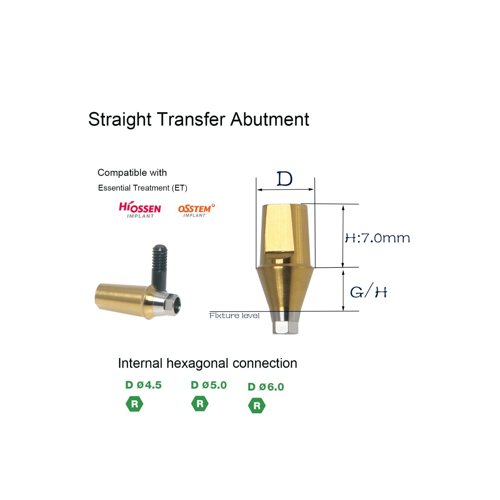 US Dental Ti Standard Straight Abutment W/Replica Screw fit Hiossen ET Regular