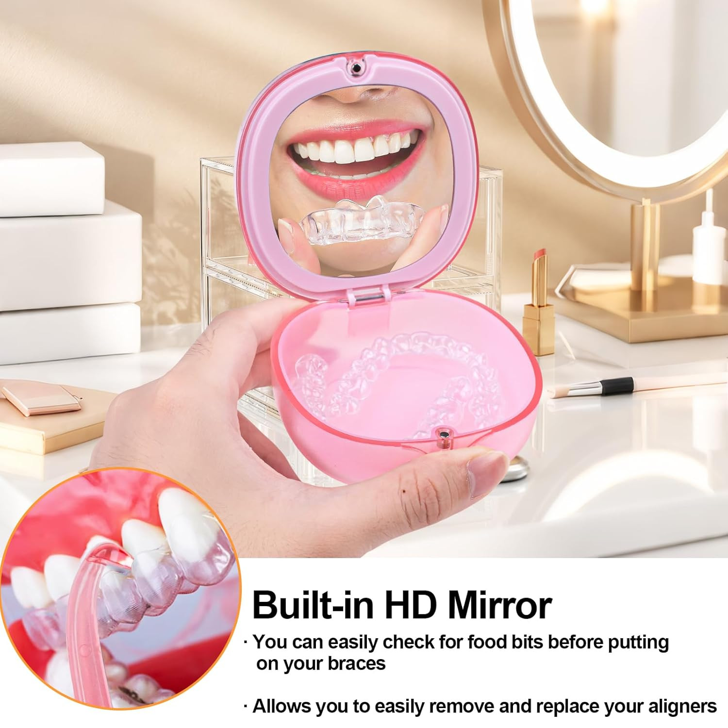 Pink Aligner and Retainer Case Double-Layer Cute Slim Braces Transparent