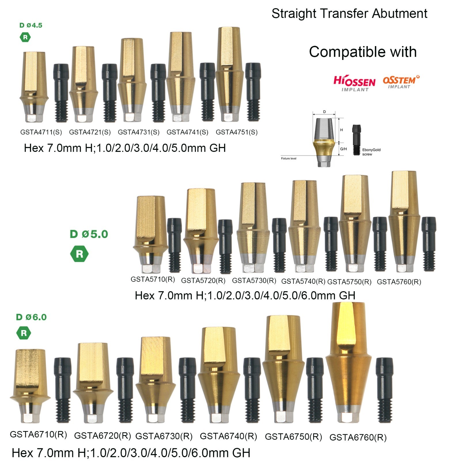Hiossen Mini/Regular Straight Abutment 7mm H W/Screw Internal Hex System Dental