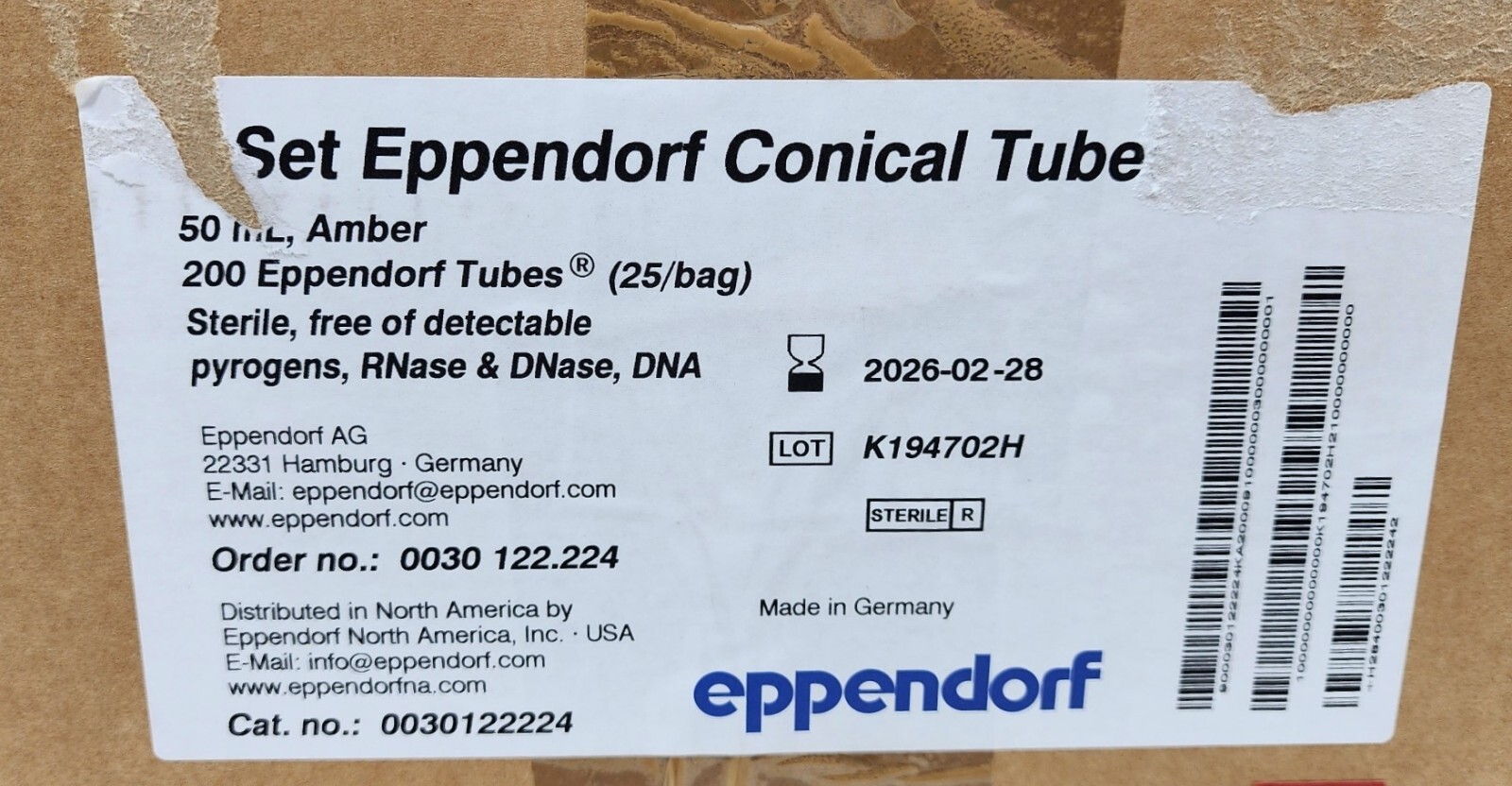 Eppendorf 50 mL Conical Tubes, Amber, 200 pack, PN: 0030122224, EXP 2026