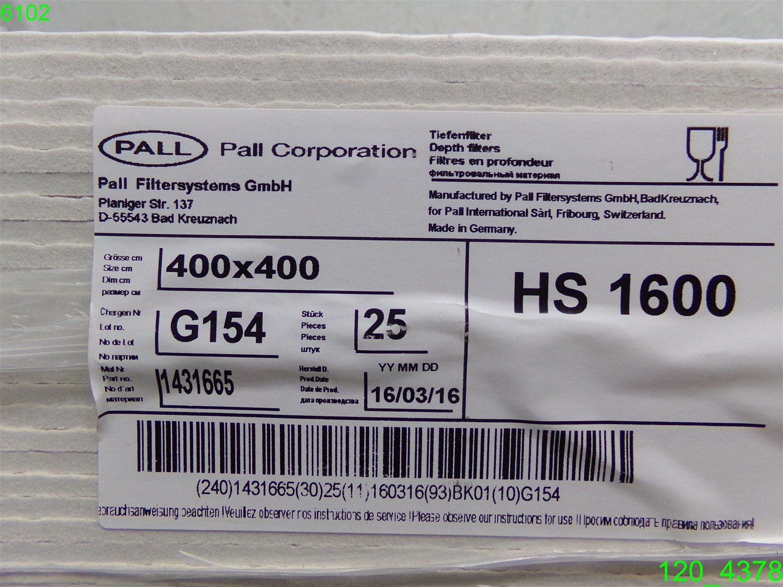 PALL DEPTH FILTERS HS1600 , 400×400 , 25 PACK , G154 , 1431665 – NEW