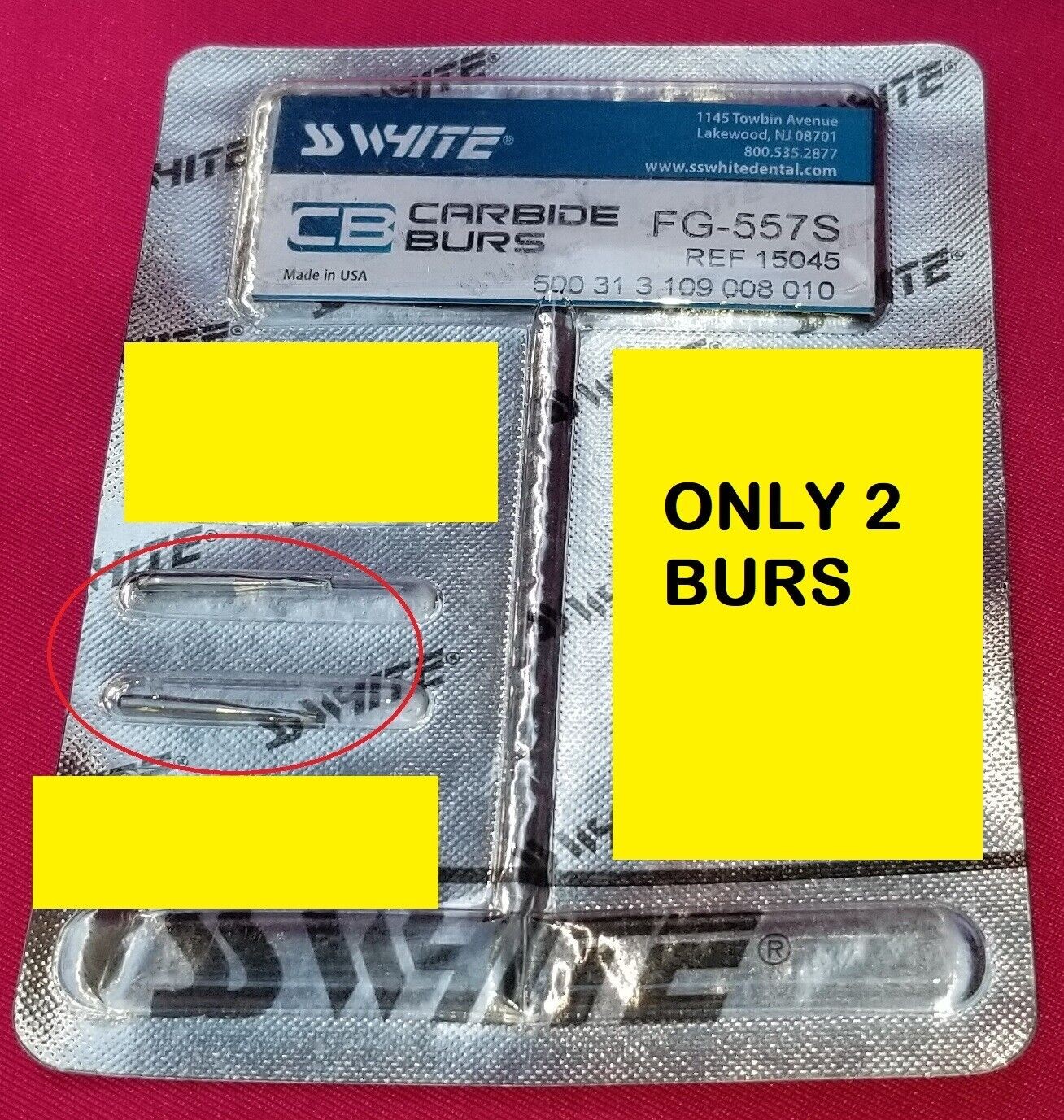 SS White 15045 Friction Grip FG 557 S Tungsten Carbide Dental Burs QTY 2 Open Bx