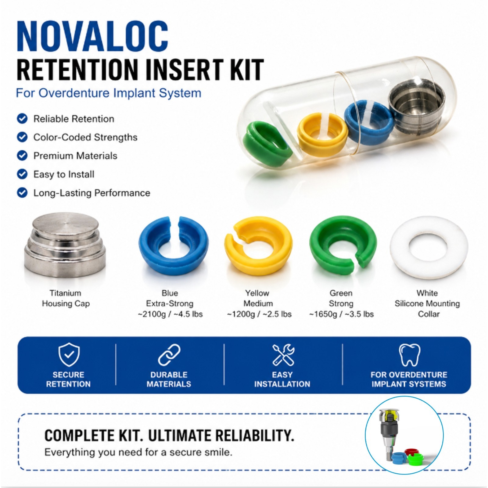 Implant Retention Inserts for Novaloc Overdenture Titanium Housing Kit PEEK Caps
