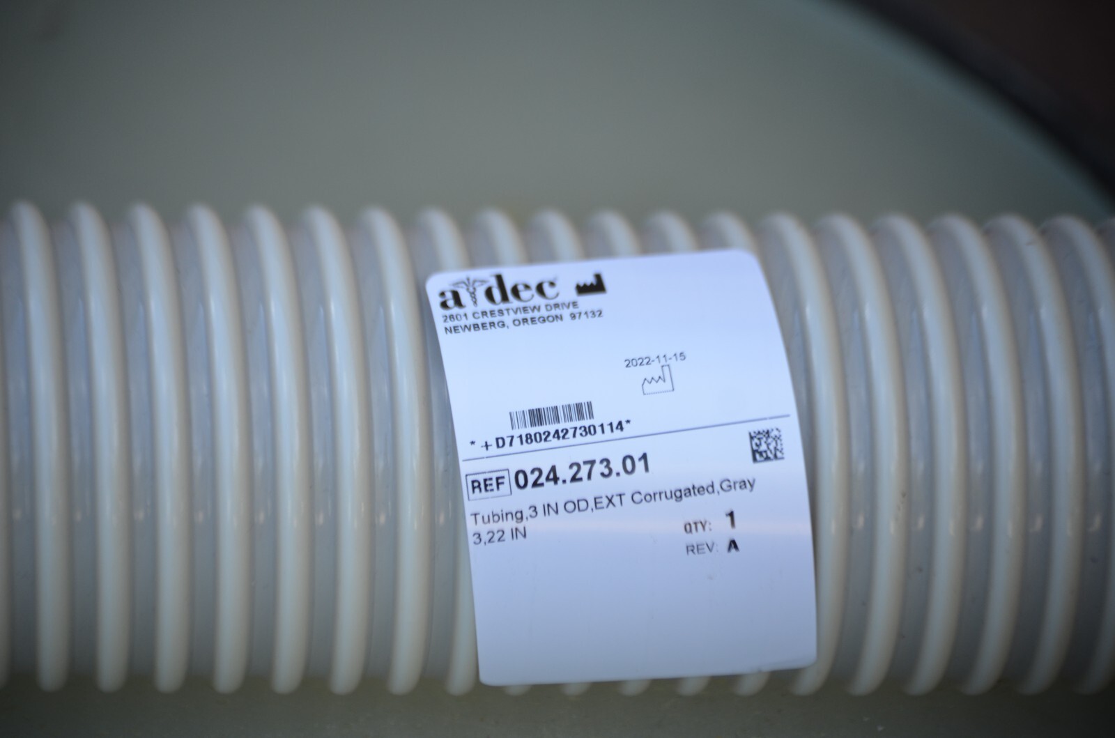 Adec Tubing 3 IN OD, EXT Corrugated, Gray, Length 22″, REF# 024.273.01