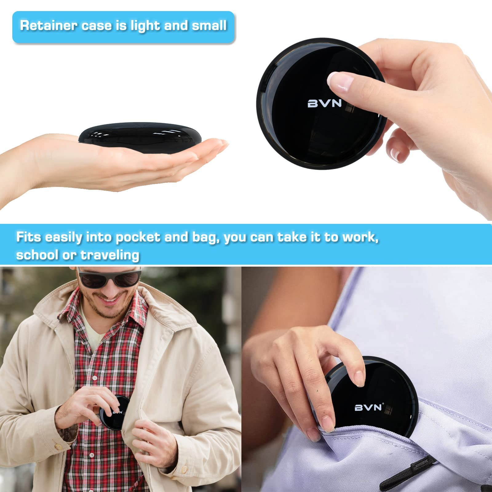 BVN Slim Retainer Case – Circular case, Black shell+blue silicone pad