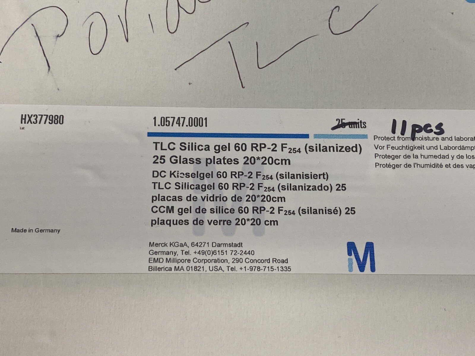 (11) MILLIPORE TLC Silica Gel 60 RP-2 F254 Glass Plates 20 x 20cm 1.05747.0001