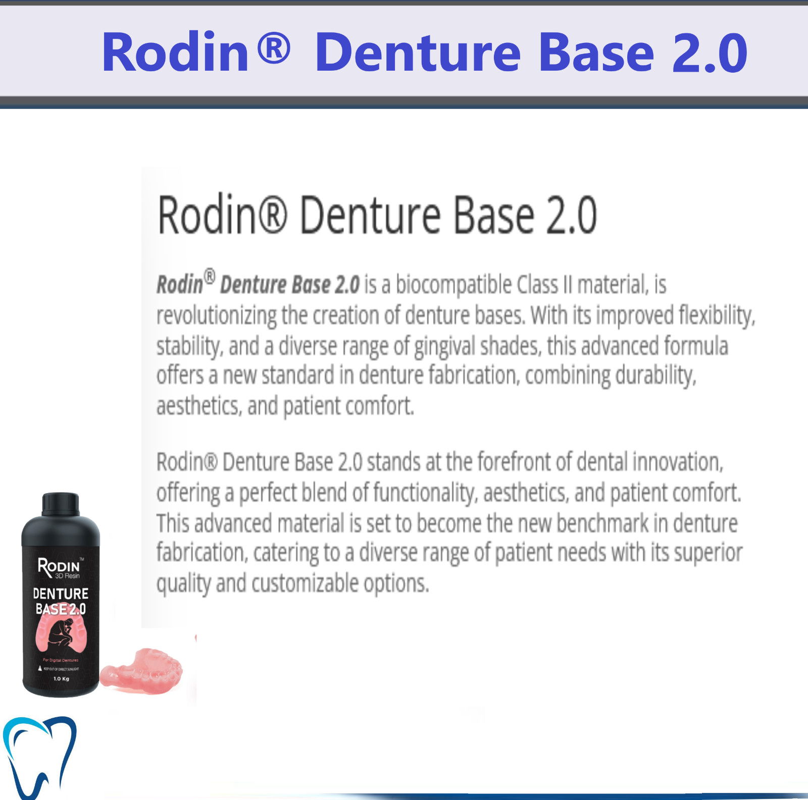 Dental Rodin Denture Base 2.0, Original Pink, 3D Printer Resins Class II, 1kg/Bt
