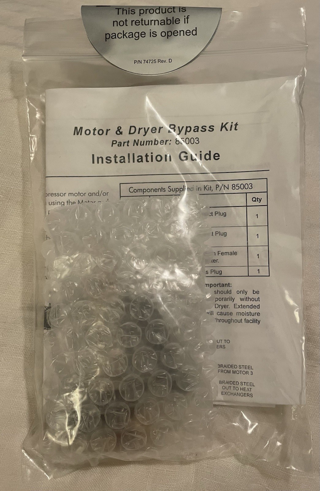 Sealed! Air Star Dental Air System, Airstar Motor and Dryer Bypass Kit PN 85003