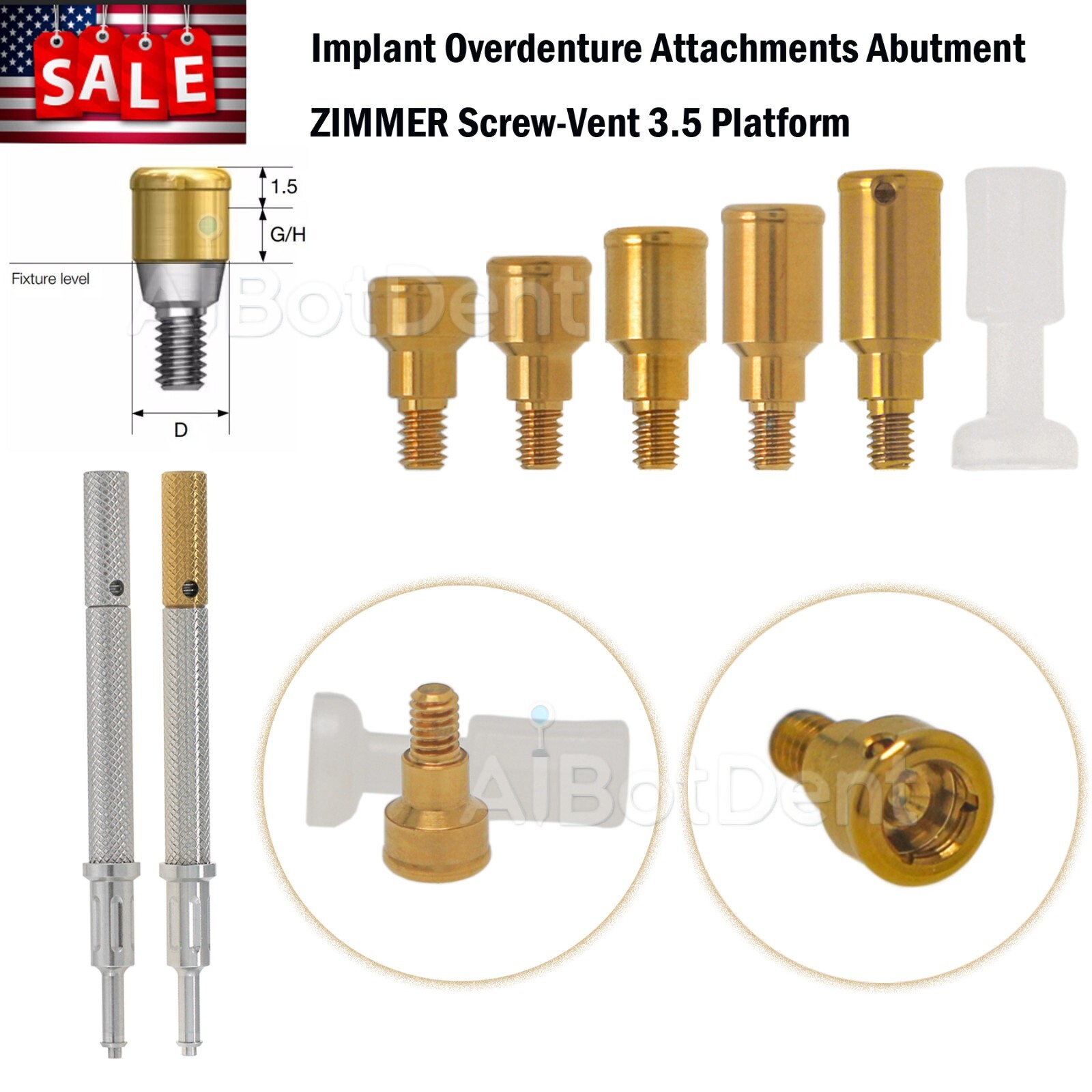 US Zimmer Screw-Vent 3.5mm Platform Abutment 1.0-5.0mm Overdenture Compatible