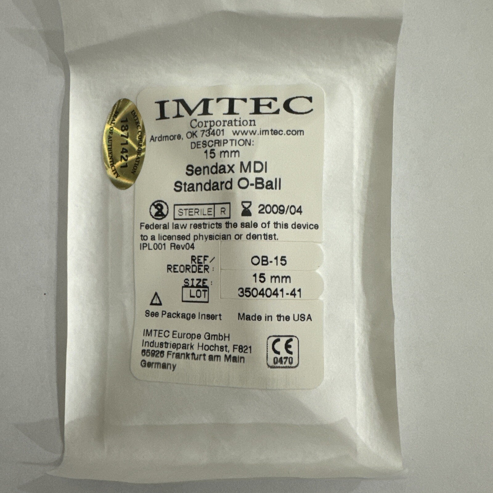 IMTEC Sendax MDI O-Ball Prosthetic Head 15mm Each