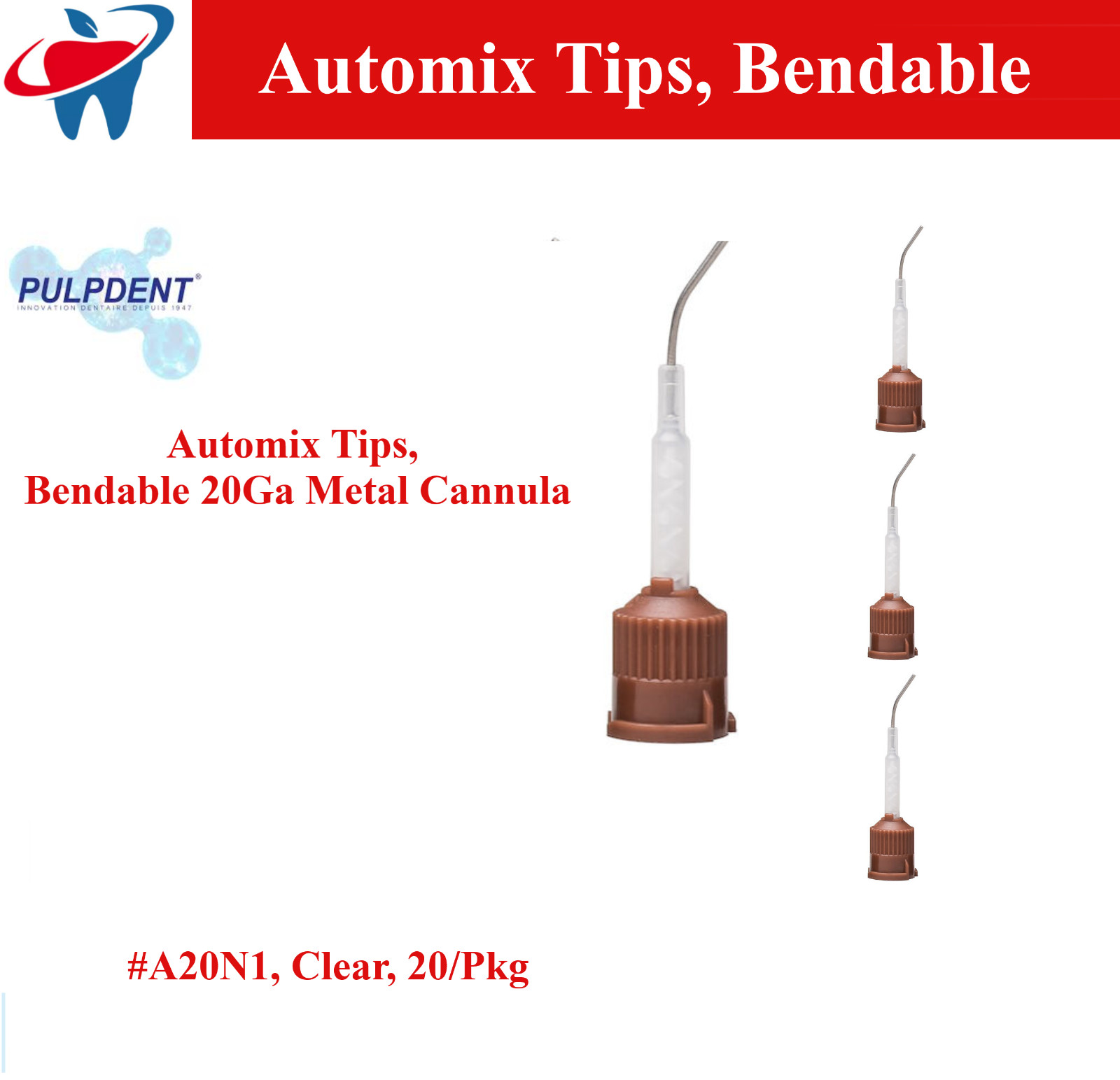 Dental HP Mixing Tips Automix Tips, Bendable, A20N1, Clear, 20/Pkg, 1, 20Ga Tip