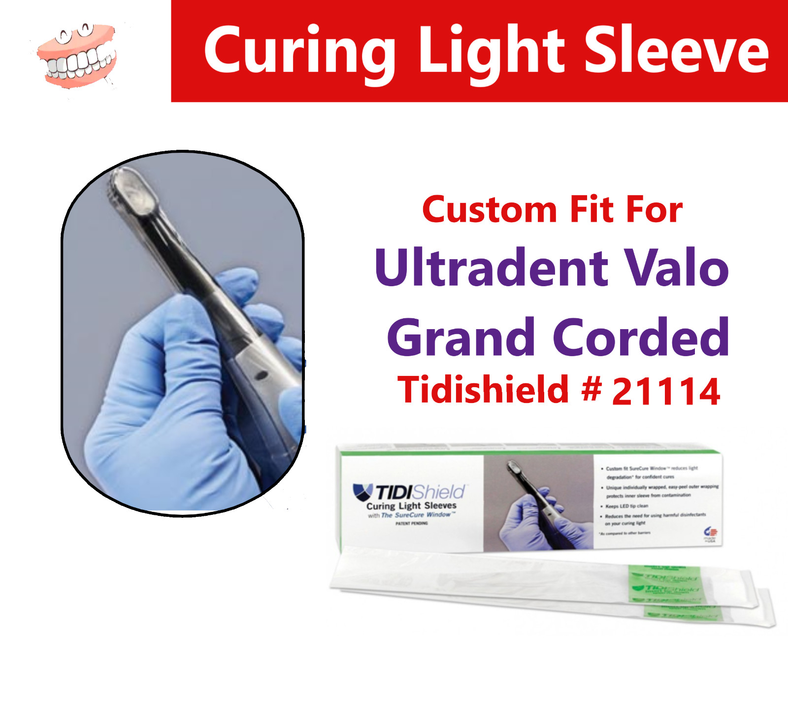 Dental Curing Light Sleeve For Ultradent Valo Grand Corded, 100/Box, Tidi #21114