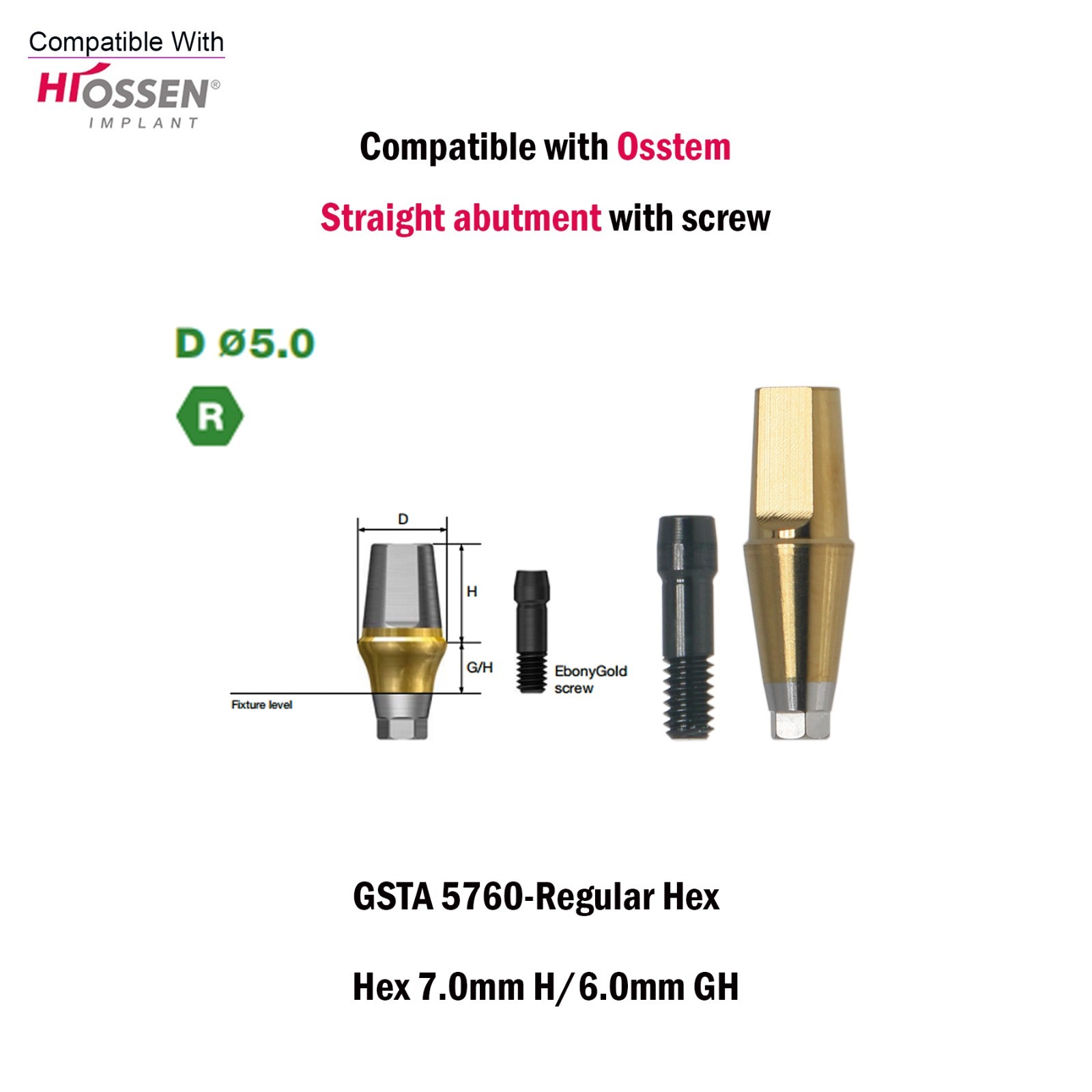 US Regular Straight Transfer Abutment Ø5.0 For Osstem Hiossen Hex 7.0mm Implants