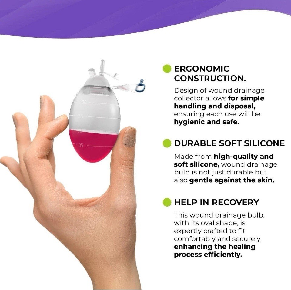 Wound Drainage Bulb Evacuator, 100 ML, Oval Silicone, Medical Suction Reservoir