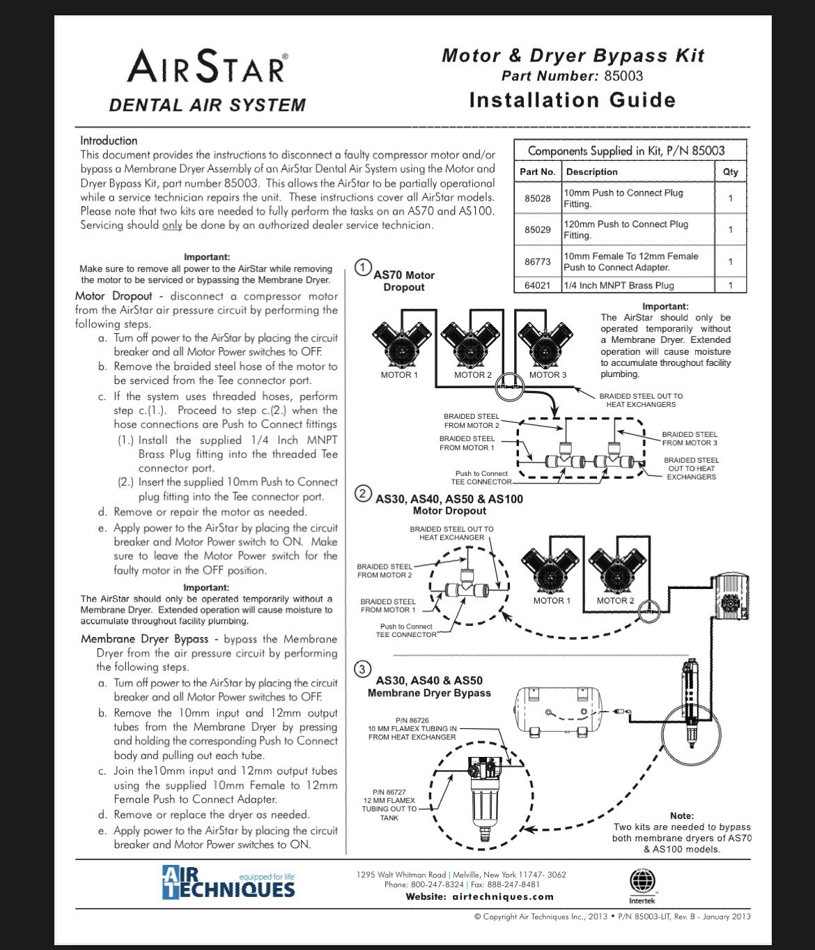 Sealed! Air Star Dental Air System, Airstar Motor and Dryer Bypass Kit PN 85003