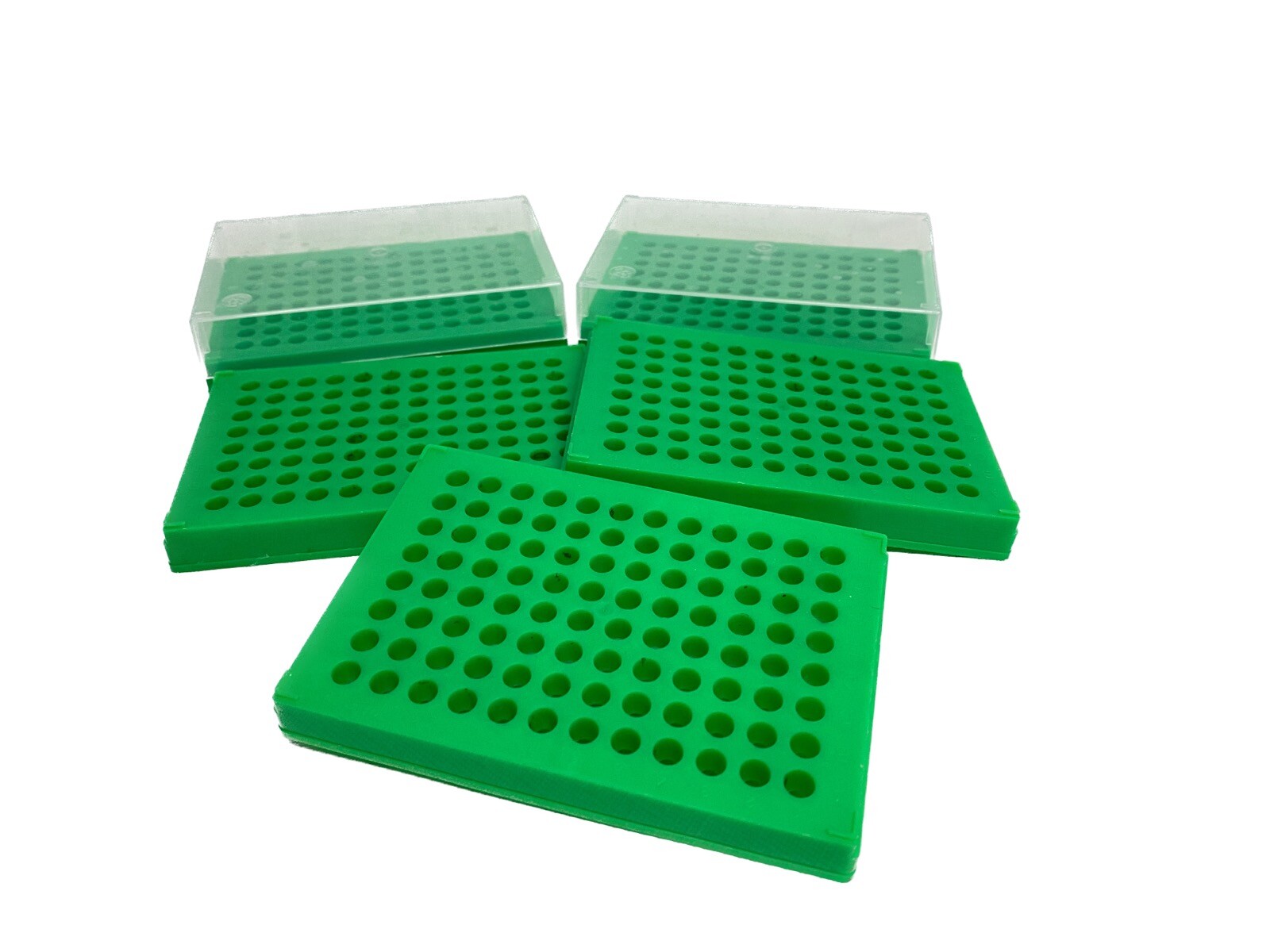 (5) 96-Place Polypropylene Micro Centrifuge Tube Racks w/ 2 Lids 5.4mm ID Green