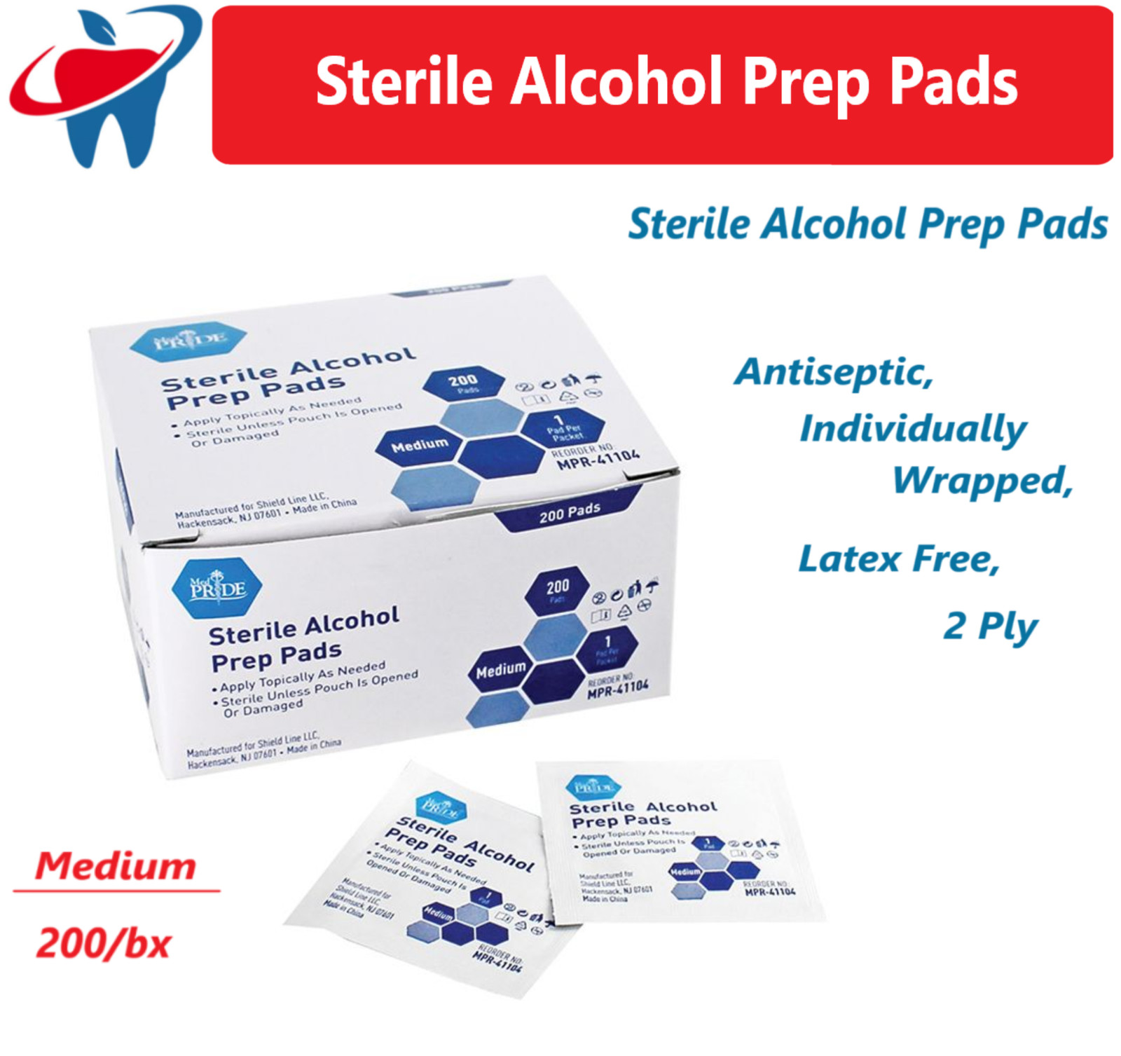 Sterile Alcohol Prep Pads, Antiseptic, Individually Wrap, Medical, Medium, 200Bx