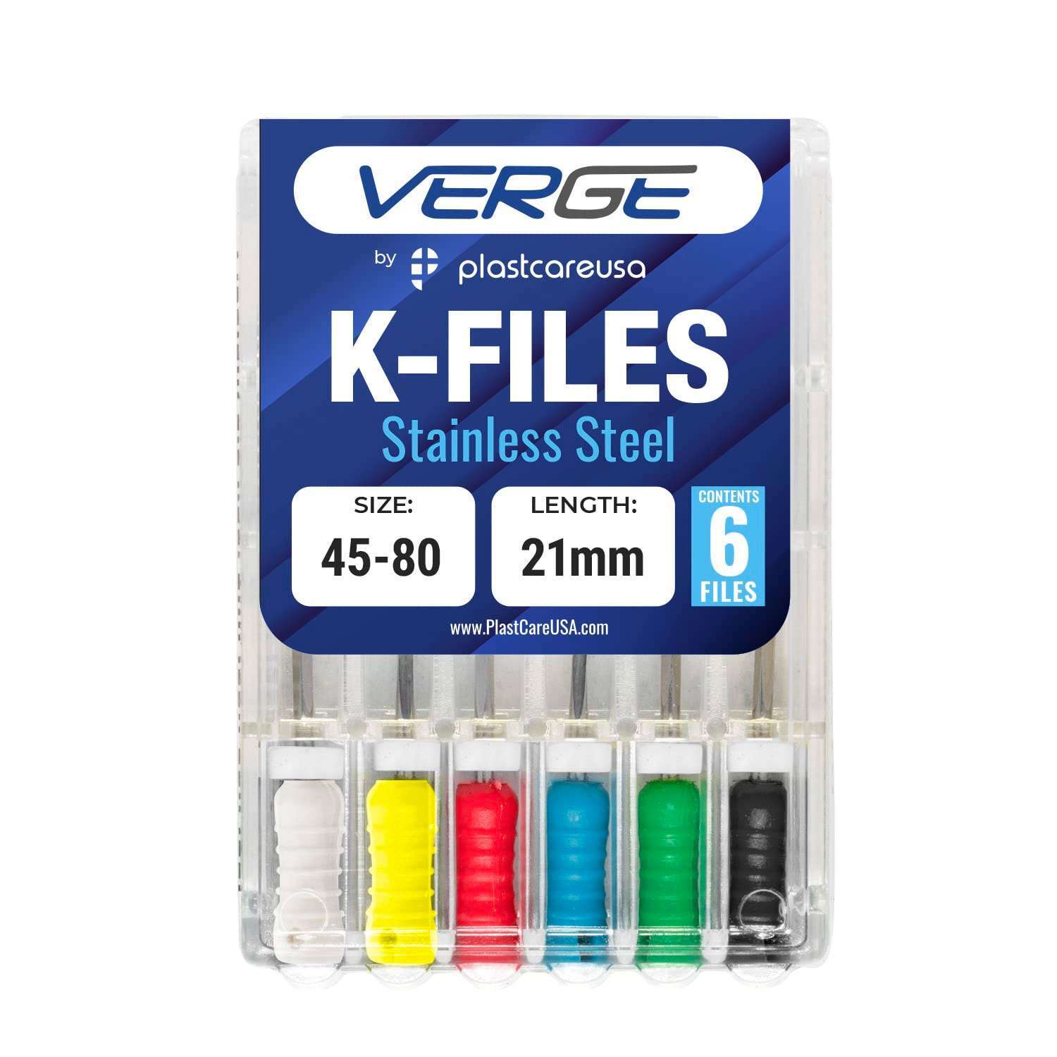 VERGE 21mm Endo K Files, Stainless Steel, Assorted #45 – #80, 6/Pk
